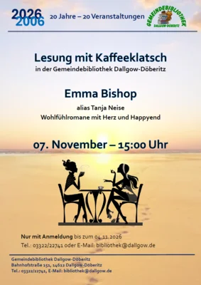 Veranstaltung: Lesung von Emma Bishop alias Tanja Neise - mit Kaffeeklatsch Sa 07.​11.​2026