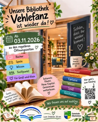 Veranstaltung: Wiederer&ouml;ffnung Bibliothek Vehlefanz Di 03.​11.​2026