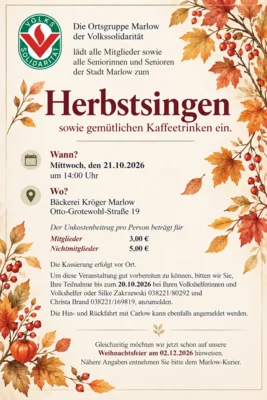 Veranstaltung: Herbstsingen mit gem&uuml;tlichem Kaffeetrinken in Marlow Mi 21.​10.​2026