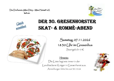 Veranstaltung: 30. Gresenhorster Skat- & Romm&eacute;-Abend Sa 07.​11.​2026