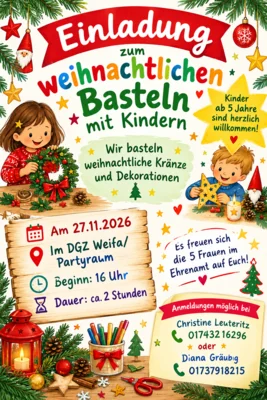 Einladung zum Weihnachtsbasteln für Kinder am 27.11.2026 in das Dorfgemeindezentrum Weifa