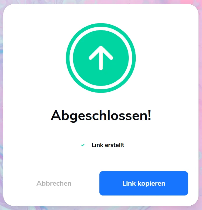 Transfer.it – Upload abgeschlossen und Link erstellt