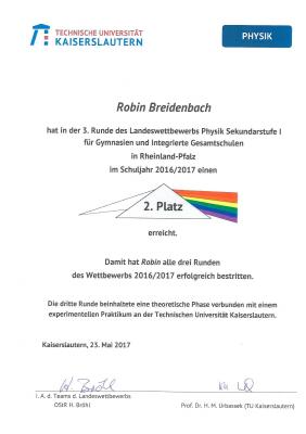 Foto des Albums: Robin Breidenbach (10d) bei Landeswettbewerb Physik erfolgreich (31.05.2017)