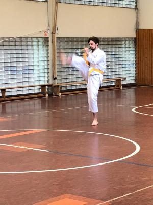 Tobias beim Kihon mit einem Mae Geri 