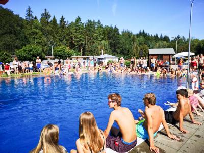 Das Publikum am Beckenrand honorierte besonders wagemutige Spr&uuml;nge mit viel Beifall. Foto: Beate Vogel  (Bild vergr&ouml;&szlig;ern)