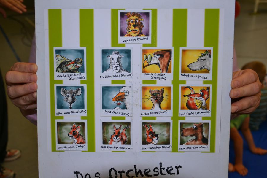 Kind hält Bild hoch "Das Orchester" Tiere zu sehen 