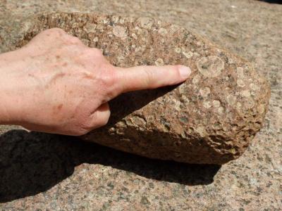 klassisch ausgepr&auml;gter Aland-Rapakivigranit mit runden Feldspatovoiden und wei&szlig;em Ring aus Plagiokla 