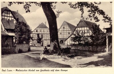 Vorschaubild: Bad Essen - Malerischer Winkel am Gasthaus auf dem Kampe - Postkarte 1954 geschrieben - aus der Sammlung von Karli Kunz