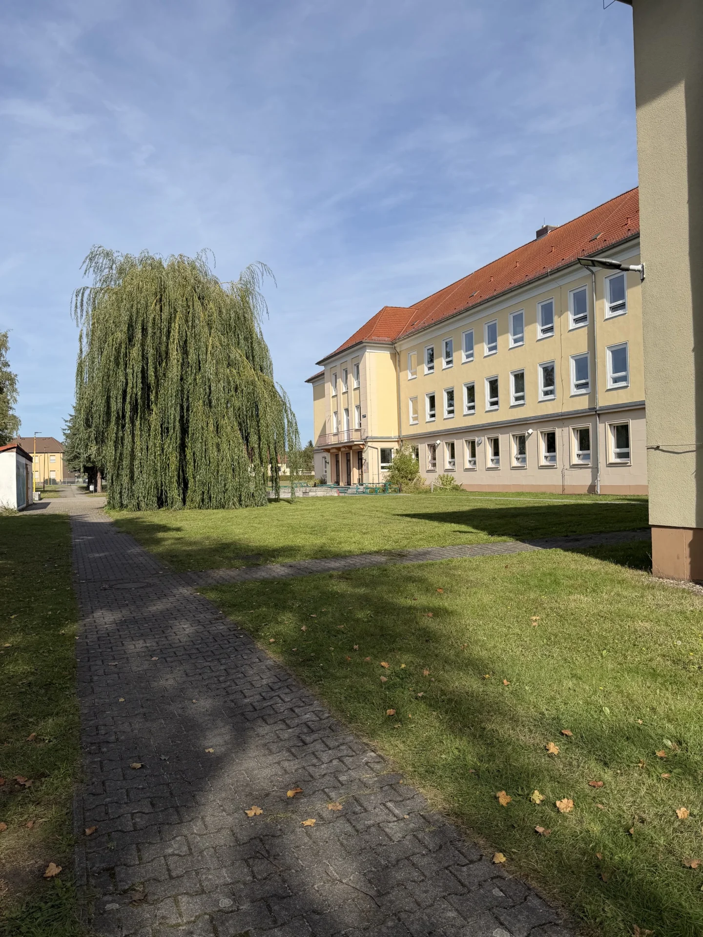 Gro&szlig;er, gr&uuml;ner Schulhof mit viel Platz zum Entspannen und Verweilen in den Pausen. 
