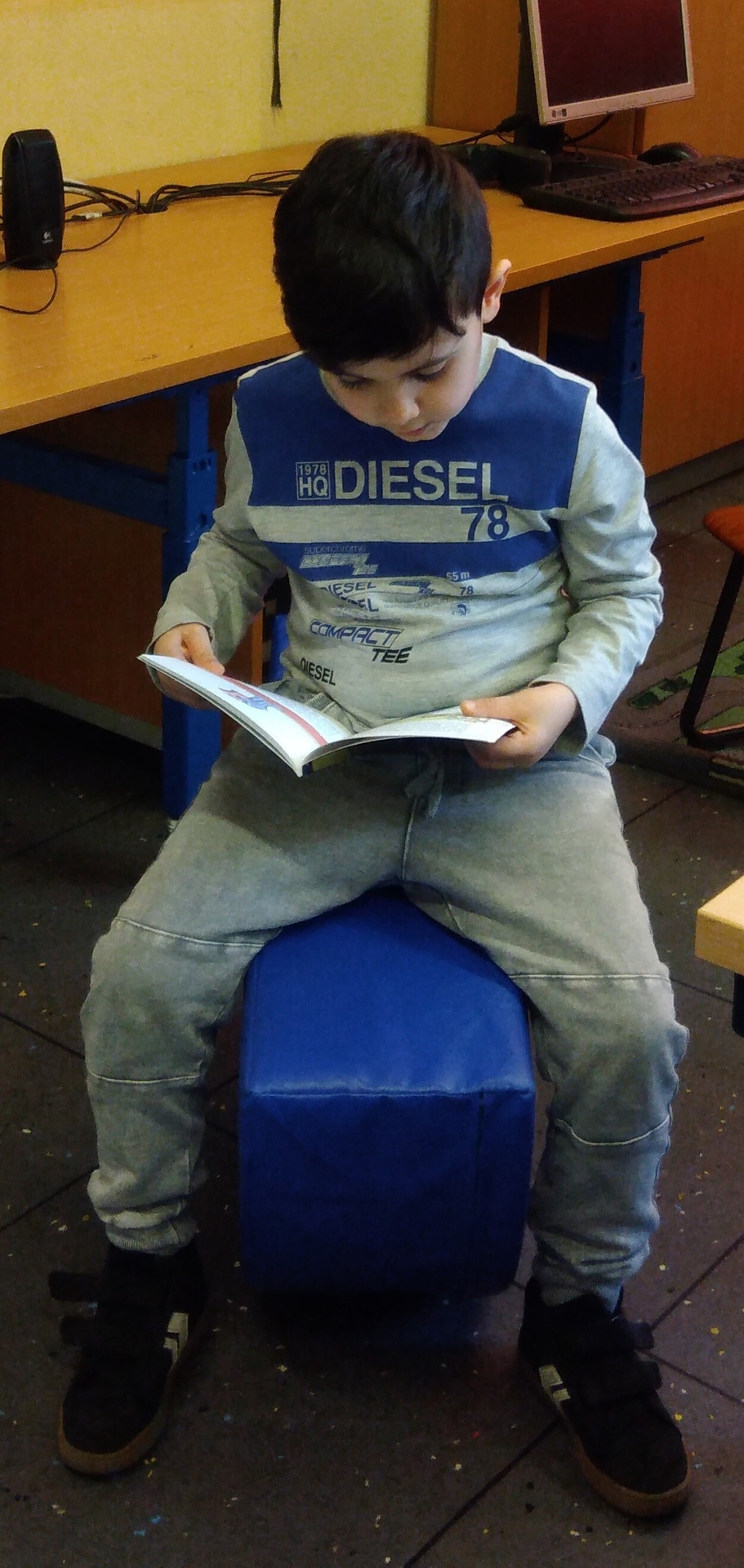 Bild: Mir hat die Projektwoche gut gefallen. Mit meinem Kissen und drei Fliesen konnte ich mich hinlegen und gemütlich lesen. Lisa, 2b Mir hat unser Buch gut gefallen. Am liebsten habe ich auf dem Boden gelesen oder auf der Banane. Cinar, 2b
