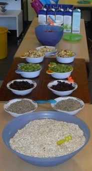 Bild: In unserer Gruppe gab es heute einmal Müsli mit frischem Obst, Rosinen, Nüssen, Milch und Joghurt.