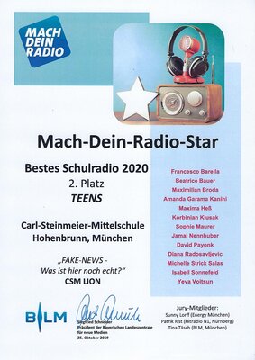 Vorschaubild: Urkunde Radio BLM Platz 2