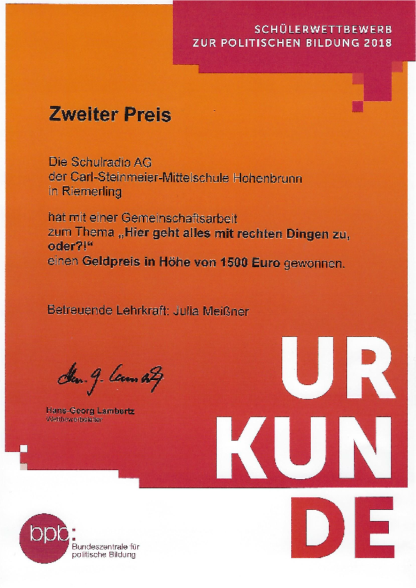 Bild: Urkunde Radio bpb Platz 2