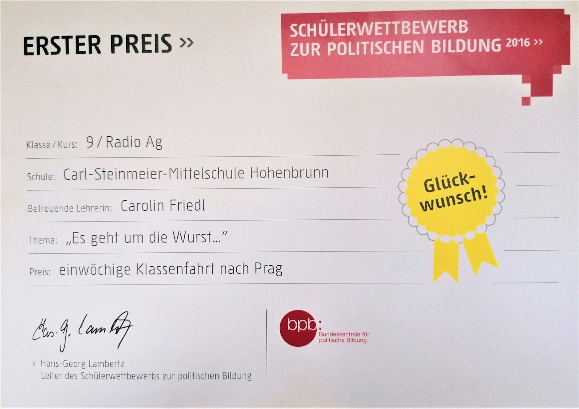 Bild: Urkunde Radio bpb Preis1