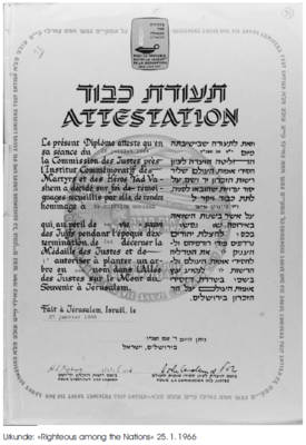 Vorschaubild: Urkunde: Urkunde der Ehrung als „Gerechter unter den Völkern“ vom 25. Januar 1966 Yad Vashem, Jerusalem, Israel; Hebräisch und französisch - Archiv Yad Vashem Jerusalem