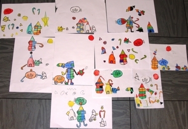 Bild: DienstagDer zweite Tag begann mit einer Vorlage, auf der einzelne Puzzleteile eines Miró Bildes aufgezeichnet waren. Die Vorlage haben wir zunächst ausgemalt, ausgeschnitten, phantasievoll auf einem weißen Blatt angeordnet und schließlich aufgeklebt. Jedes Bild sieht anders aus, wie man hier sehen kann: