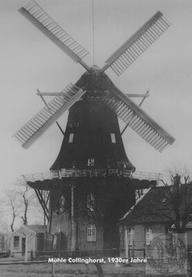 Vorschaubild: Die alte Mühle Collinghorst der Familie Bunger (früher Familie Braklo) stand an der nach Folmhusen führenden Dorfstraße.Sie wurde am Ende des Zweiten Weltkrieges im April 1945 in Brand geschossen. Am nördlichen Ortsrand gab es früher zudem eine im 16.Jahrhundert errichtete Kirchenmühle.