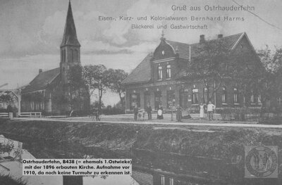 Vorschaubild: Das stattliche Geschäftshaus von Bernhard Harms befand sich gegenüber der Kirche Ostrhauderfehns an der Ecke 1.Ostwieke (B 438) und 2.Südwieke (Kirchstraße).