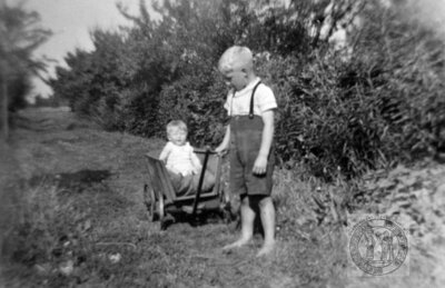Vorschaubild: Ewald Jelschen zieht seine Schwester Karin mit dem Handwagen. Ostrhauderfehn um 1943. Fotoquelle: K. Goesmann.