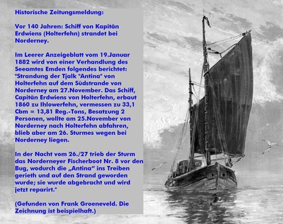 Vorschaubild: Kapitän Erdwiens (Holterfehn) strandet 1882 mit seinem Schiff bei Norderney