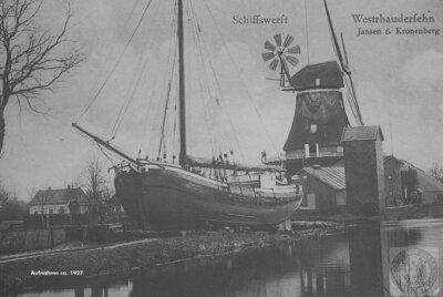Vorschaubild: Die Gründung der früheren Schiffswerft von Martin Jansen und Karl Kronenberg 1926 in der Nähe des Verlaathauses hatte eine große Bedeutung für die wirtschaftliche Entwicklung Westrhauderfehns. Bei der abgebildeten Tjalk soll es sich um die 