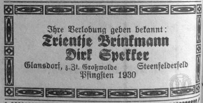 Vorschaubild: Pfingsten war zu Zeiten unserer Großeltern bei beliebter Verlobungstermin. Inserat aus dem Anzeiger für Oberledingerland vom 07.06.1930