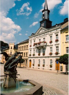 Vorschaubild: Marktplatz mit Brunnen und Rathaus