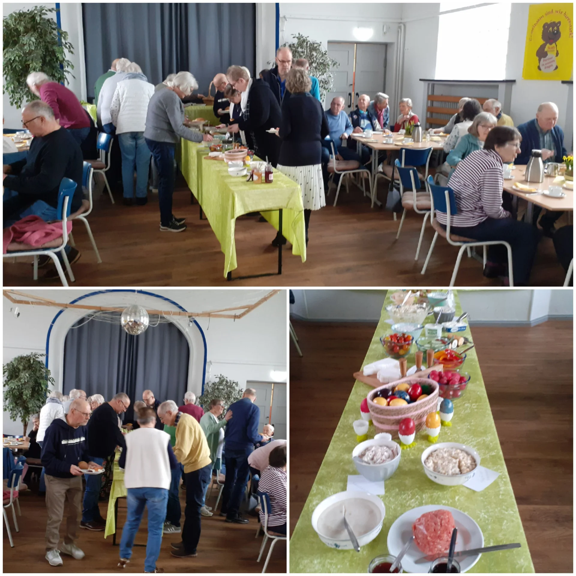 Bild: 21.03.26 - Leckeres SoVD-Frühstücksbuffet. Nach den vielen überaus positiven Rückmeldungen aus dem Vorjahr hatte der SoVD-Ortsverband Aventoft seine Mitglieder wieder zu einem vorösterlichen Frühstücksbuffet in die Turnhalle eingeladen. Die 53 zur Verfügung stehenden Plätze waren natürlich schnell vergeben. Die tüchtigen SoVD-Vorstandsdamen hatten wiederum zahlreiche Leckereien aufgetischt. Herzhaftes oder Süßes – niemand kam zu kurz. Bei angeregten Gesprächen an den hübsch dekorierten Tischen ließen es sich alle gut schmecken.