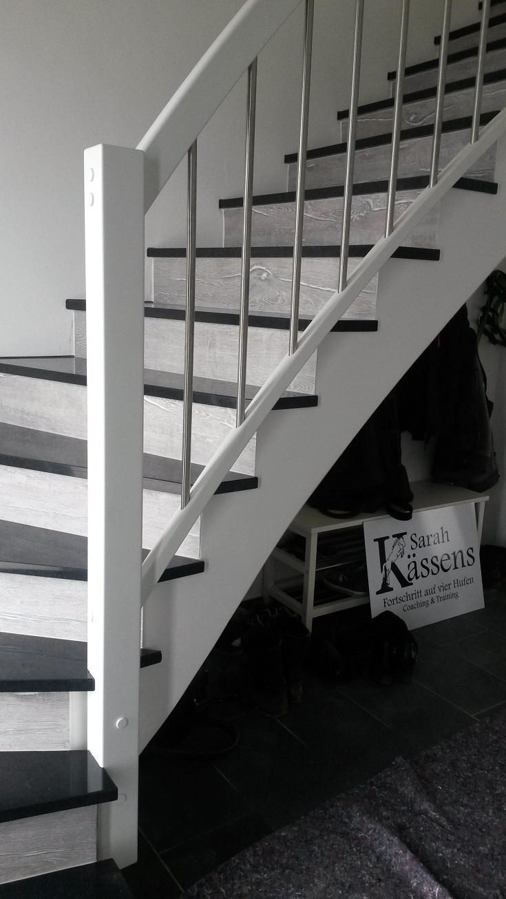 Treppe wei&szlig; mit Teppich  (Bild vergr&ouml;&szlig;ern)