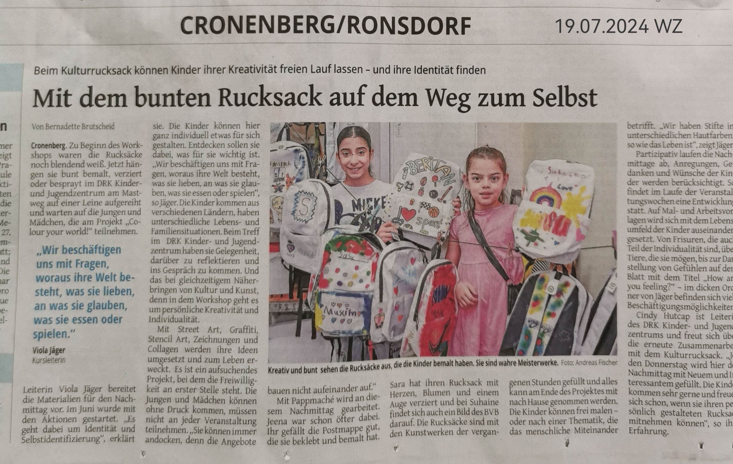 Bild : Wuppertaler Zeitung Artikel Projekt Kulturrucksack