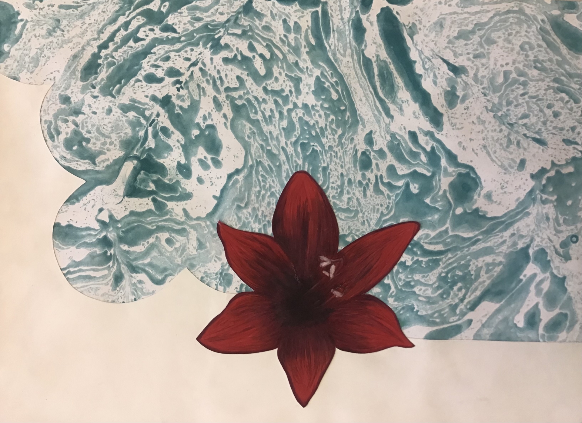 Collage aus Buntstiftzeichnung und marmoriertem Papier LK 11  (Bild vergr&ouml;&szlig;ern)