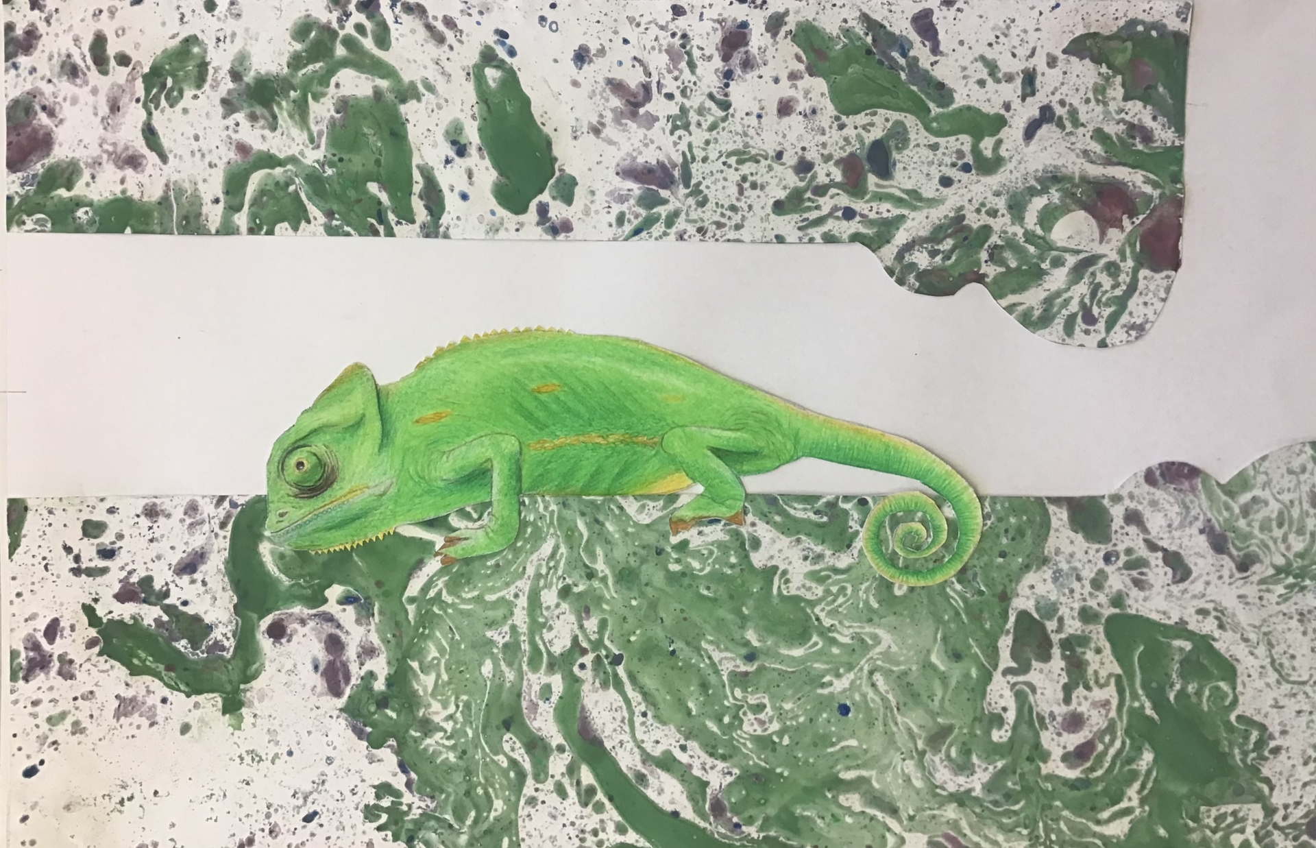 Collage aus Buntstiftzeichnung und marmoriertem Papier LK 11  (Bild vergr&ouml;&szlig;ern)