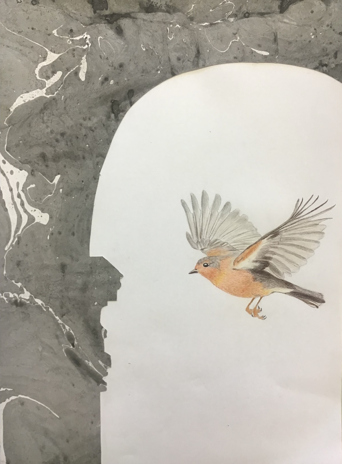 Collage aus Buntstiftzeichnung und marmoriertem Papier LK 11  (Bild vergr&ouml;&szlig;ern)