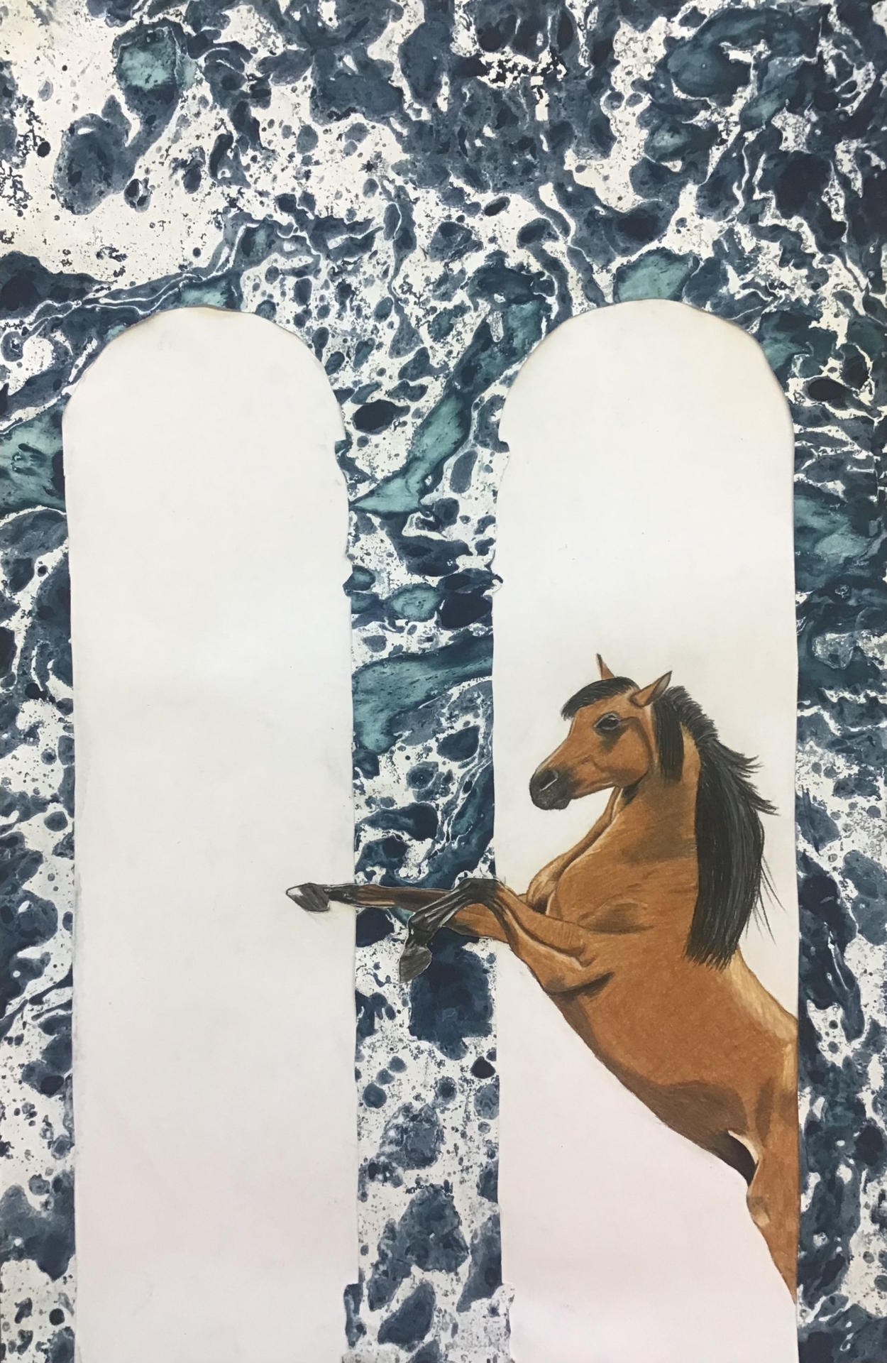 Collage aus Buntstiftzeichnung und marmoriertem Papier LK 11  (Bild vergr&ouml;&szlig;ern)