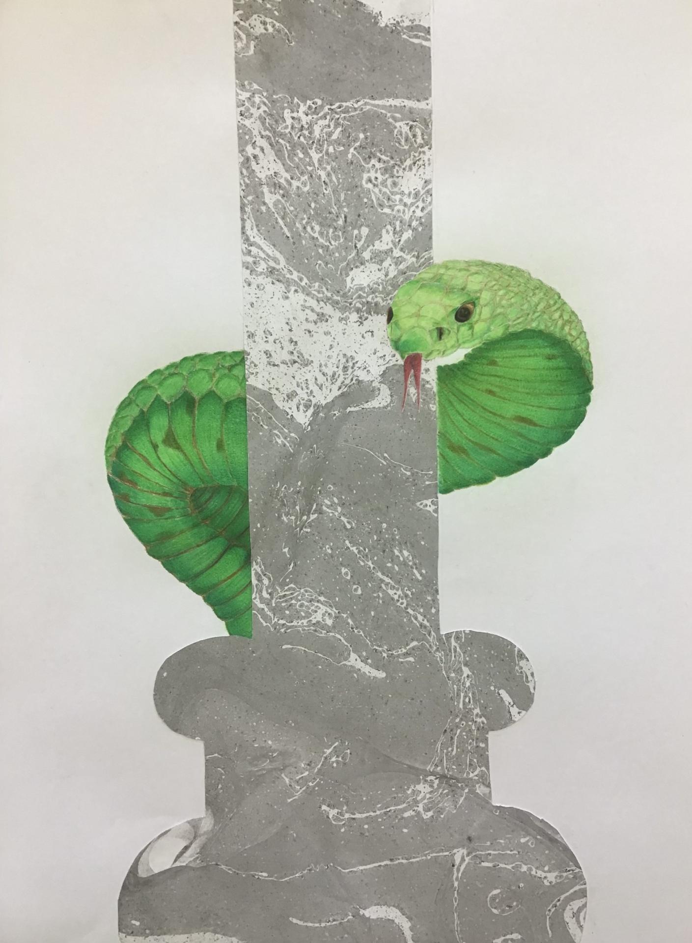 Collage aus Buntstiftzeichnung und marmoriertem Papier LK 11  (Bild vergr&ouml;&szlig;ern)