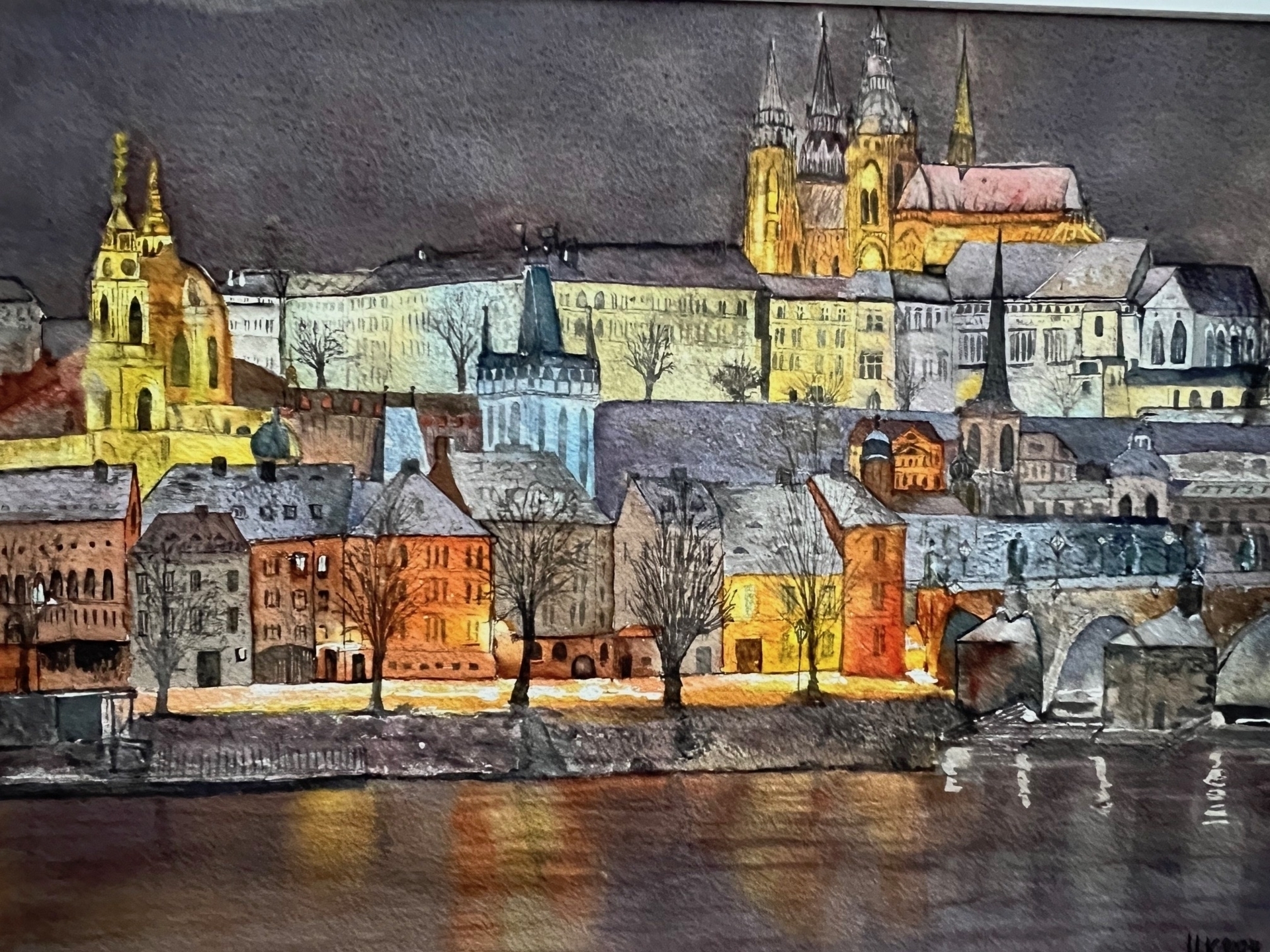 Prag bei Nacht Aquarell B60 x H50 gerahmt  (Bild vergr&ouml;&szlig;ern)
