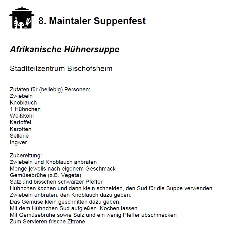 Rezept f&uuml;r Afrikanische H&uuml;hnersuppe vom Stadtteilzentrum Bischofsheim  (Bild vergr&ouml;&szlig;ern)