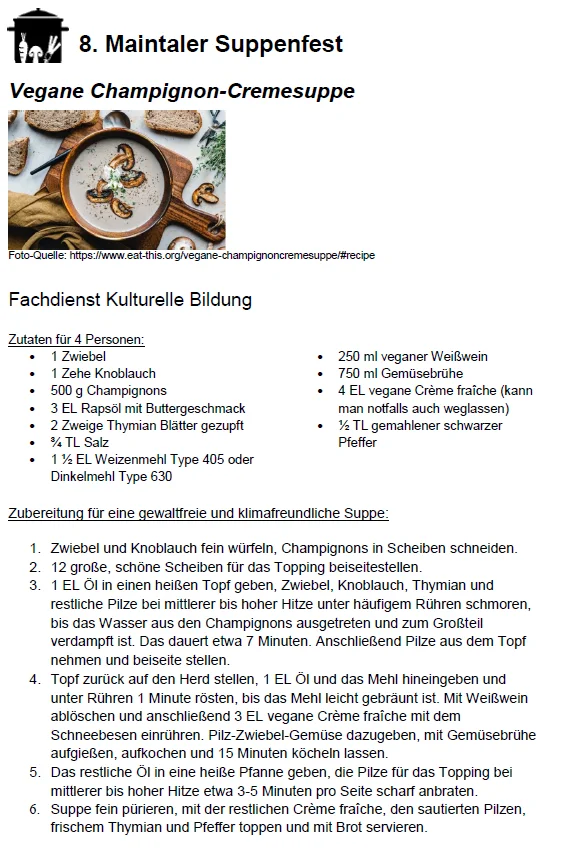 Rezept f&uuml;r vegane Champignon-Cremesuppe vom FD Kulturelle Bildung  (Bild vergr&ouml;&szlig;ern)