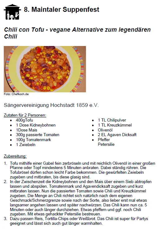 Rezept f&uuml;r Chili von Tofu von der S&auml;ngervereinigung Hochstadt  (Bild vergr&ouml;&szlig;ern)