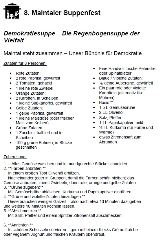 Rezept f&uuml;r Demokratiesuppe von "Maintal steht zusammen - Unser B&uuml;ndnis f&uuml;r Demokratie"  (Bild vergr&ouml;&szlig;ern)