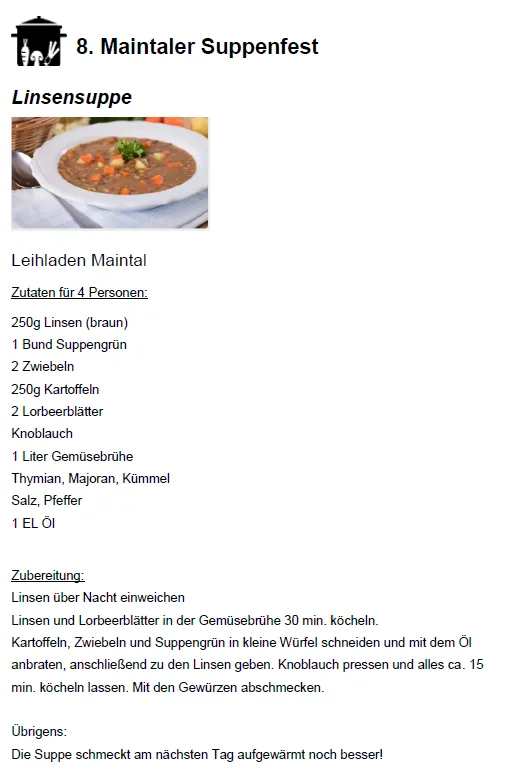 Rezept f&uuml;r Linsensuppe vom Leihladen Maintal  (Bild vergr&ouml;&szlig;ern)