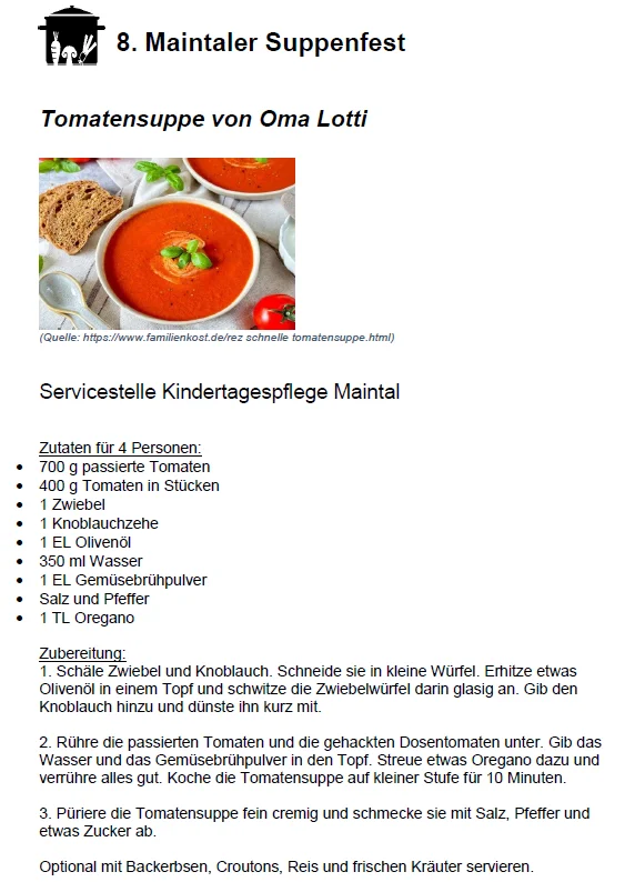 Rezept f&uuml;r Tomatensuppe von der Servicestelle Kindertagespflege Maintal  (Bild vergr&ouml;&szlig;ern)