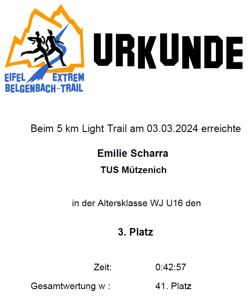 Urkunde Emilie Scharra Belgenbachttrail 2024  (Bild vergr&ouml;&szlig;ern)