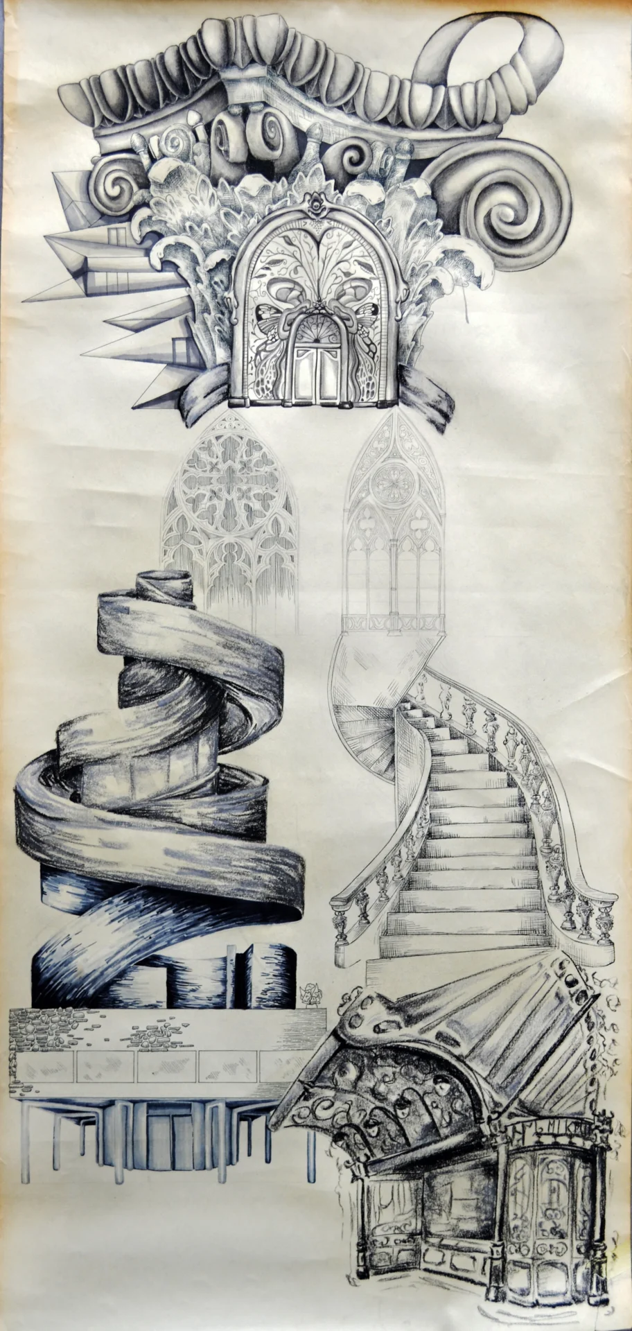 Bild: Mai - Architekturzeichnung, collageartige Zusammenstellung typischer Bauelemente aus verschiedenen Epochen, Graphit, Kohle, Kreide, Buntstift, Fineliner und Filzstift, Künstlerin: Ella B. (KS 2)