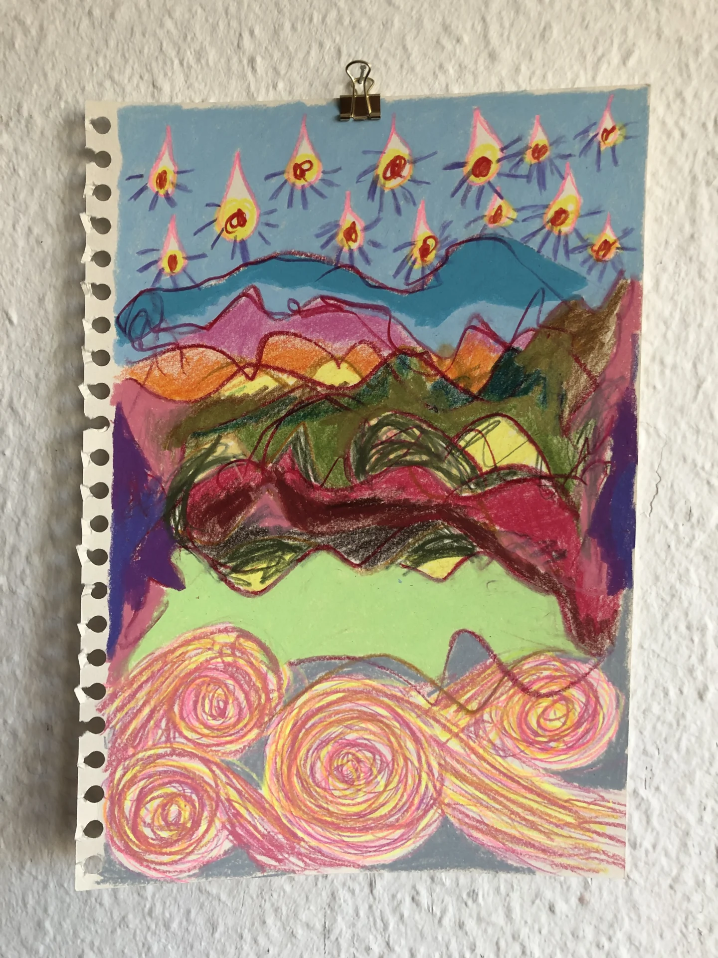 Abstrakte Landschaft  bisschen kitschig (2023) Buntstift und Wachskreide auf Papier, DinA4  (Bild vergr&ouml;&szlig;ern)
