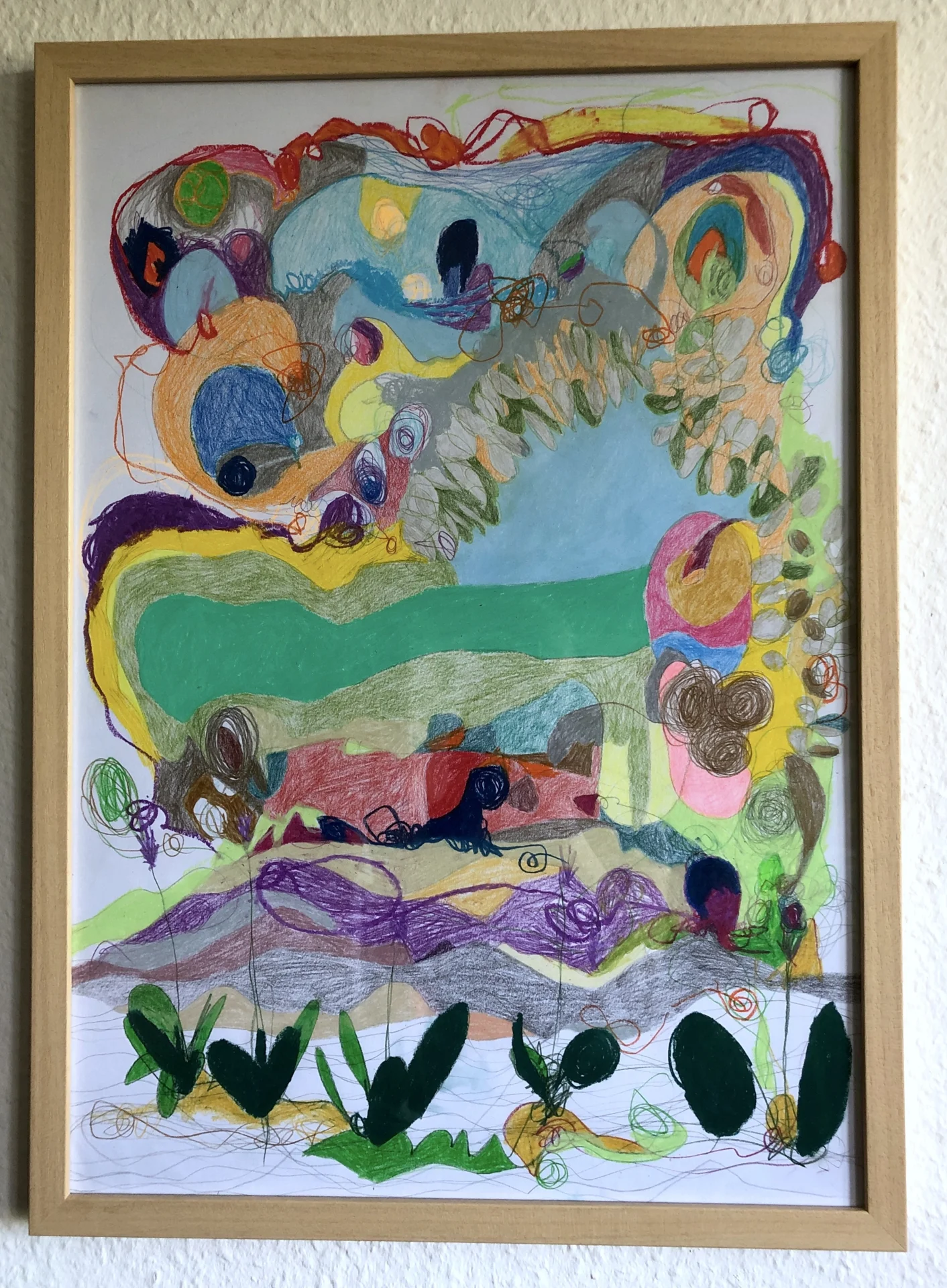 Abstrakte Landschaft  bisschen wilder (2023) Buntstift auf Papier, geramt DinA2  (Bild vergr&ouml;&szlig;ern)