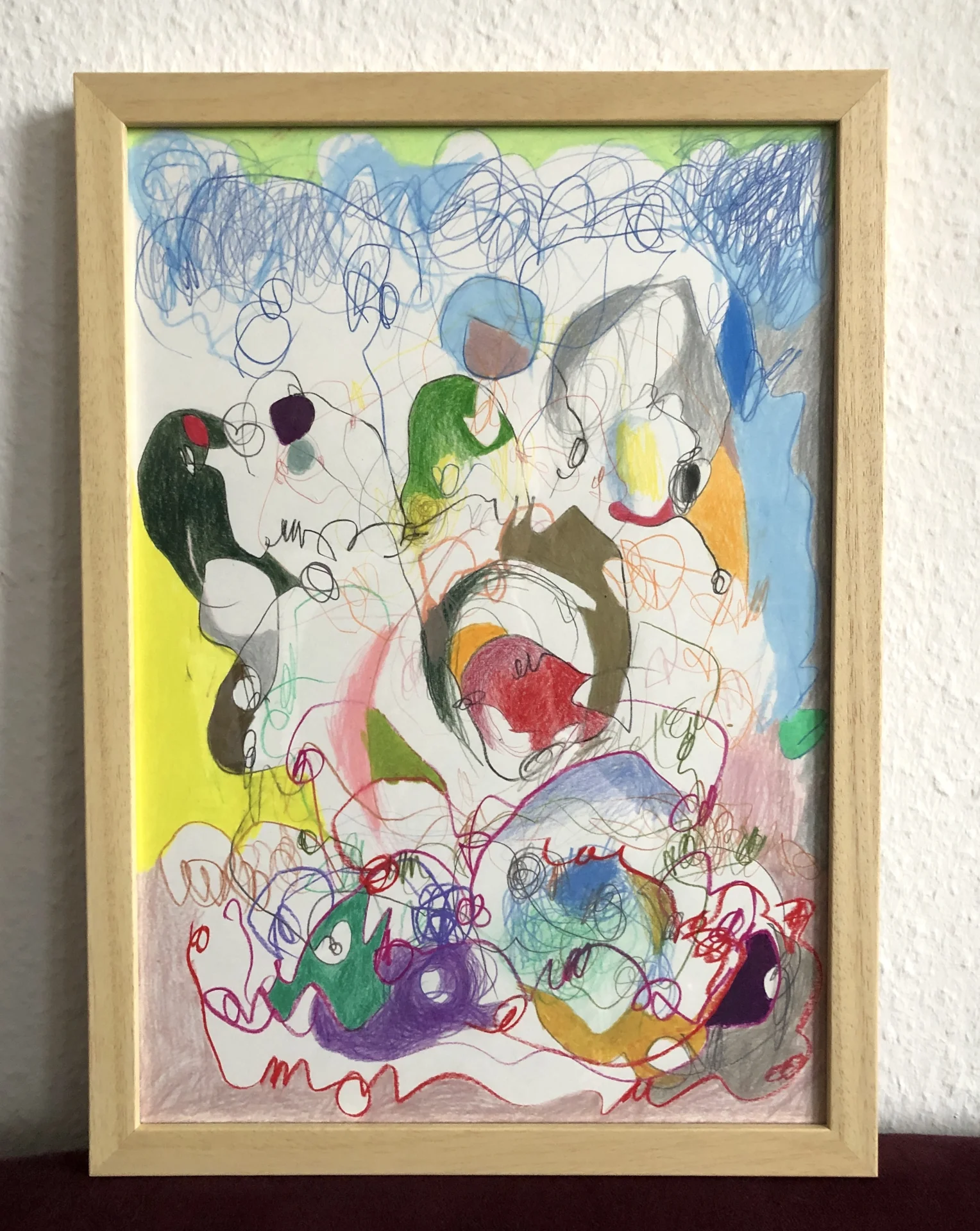 Abstrakte Zeichnung (2023) gerahmt Buntstift und Wachskreide auf Papier, DinA3  (Bild vergr&ouml;&szlig;ern)