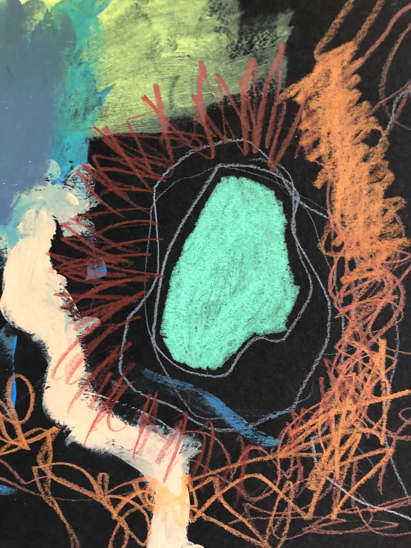 Aussschnitt aus quadratischer, abstrakter Zeichnung auf schwarzem Paper (2023) ca  20x20cm  (Bild vergr&ouml;&szlig;ern)