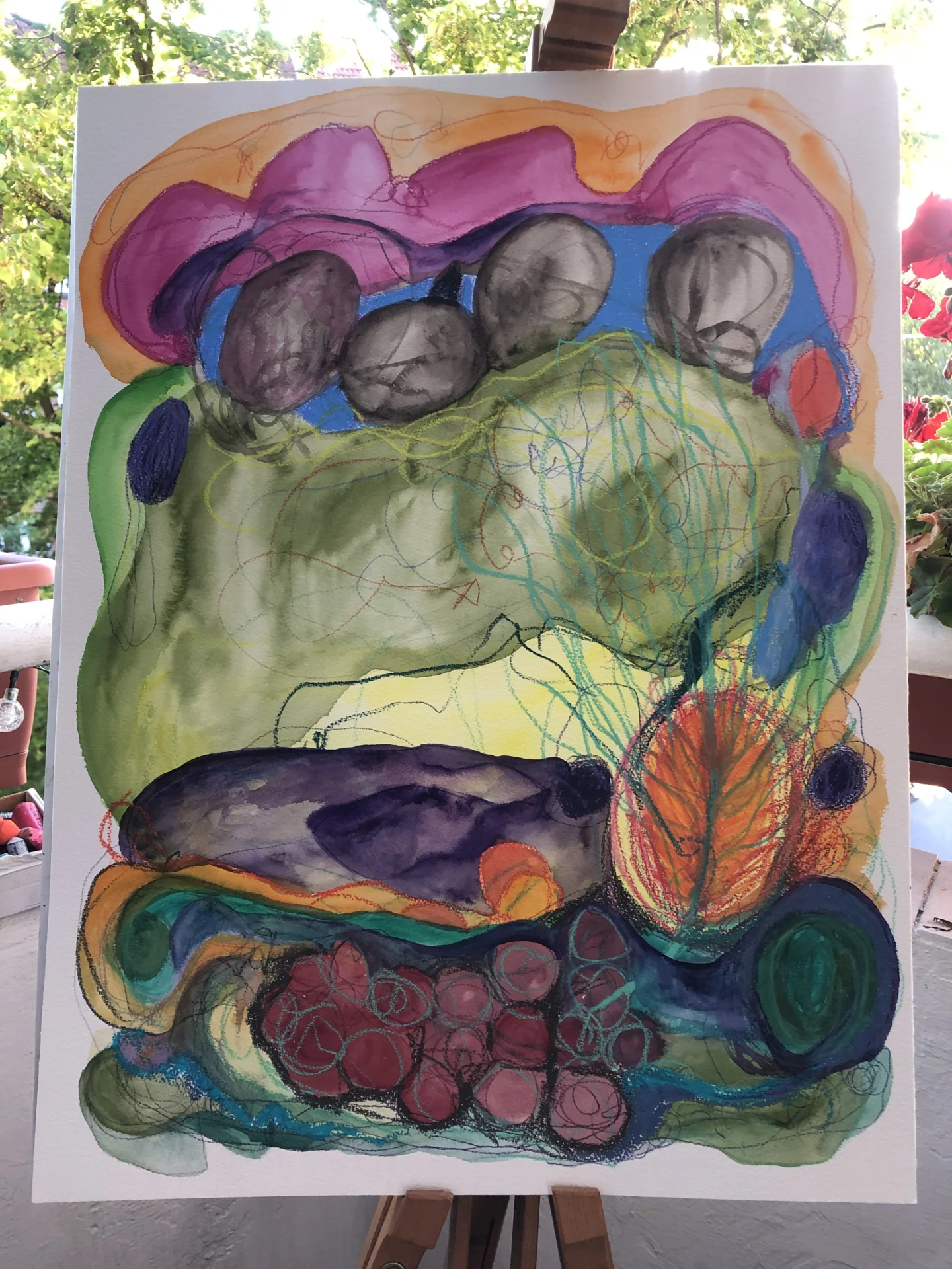 Balkonatelier  Zeichnung mit Aquarell  Landschaft (2024 Sommer) ca  50x65cm  (Bild vergr&ouml;&szlig;ern)