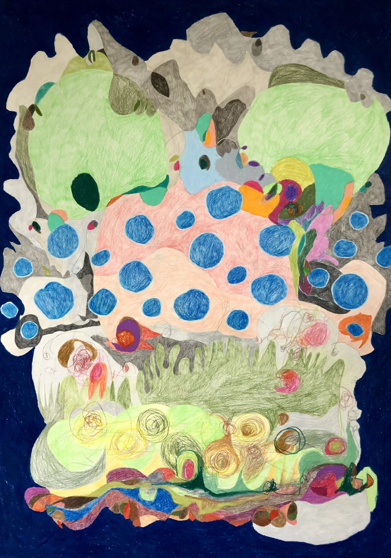 Dark Blue Abstract Landscape (2024) Buntstift und Wachskreide auf Papier, DinA1  (Bild vergr&ouml;&szlig;ern)
